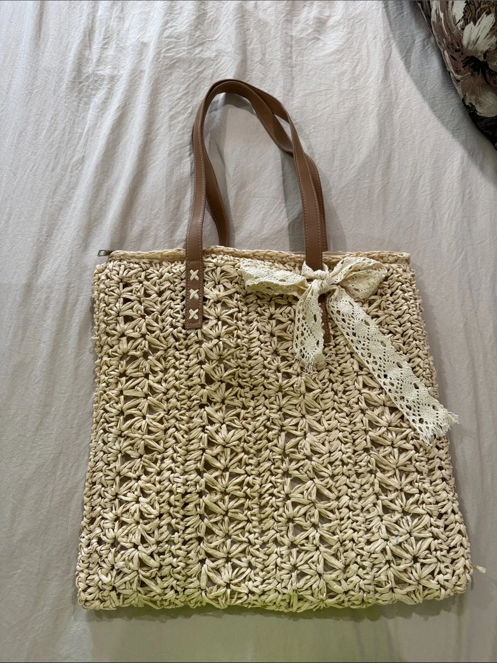 Woven Raffia Straw Tote Bag Boho Summer Beach Bag Crochet Floral Texture